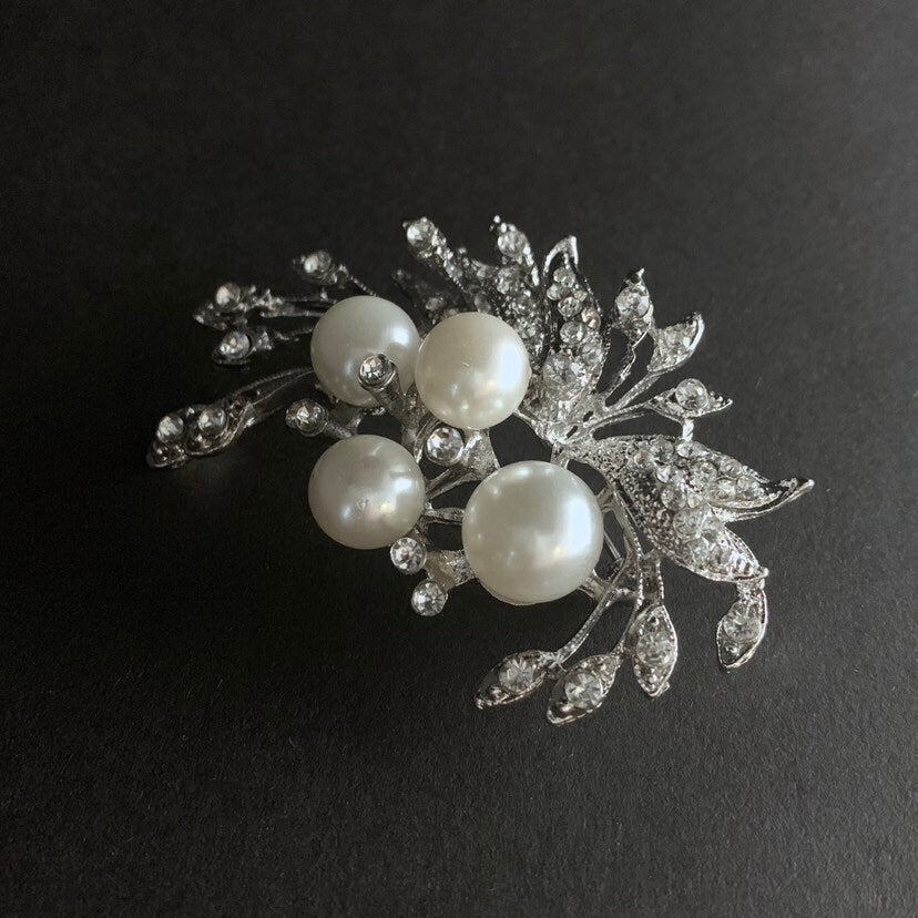 Pearl Rhinestone Silver Branch Brooch