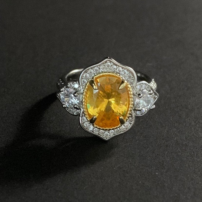 Art Nouveau Citrine Yellow & Silver Cocktail Ring