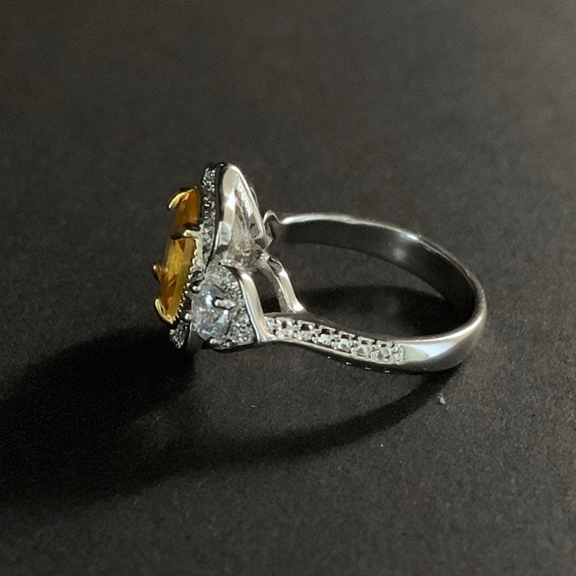 Art Nouveau Citrine Yellow & Silver Cocktail Ring