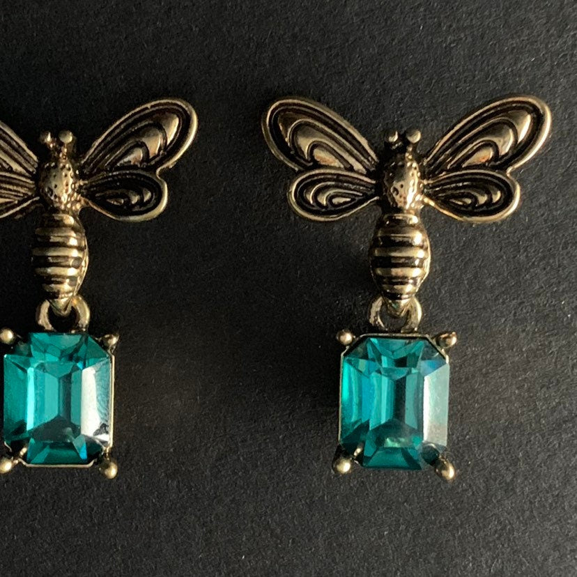 Bee Turquoise Stud Earrings in Antiqued Gold