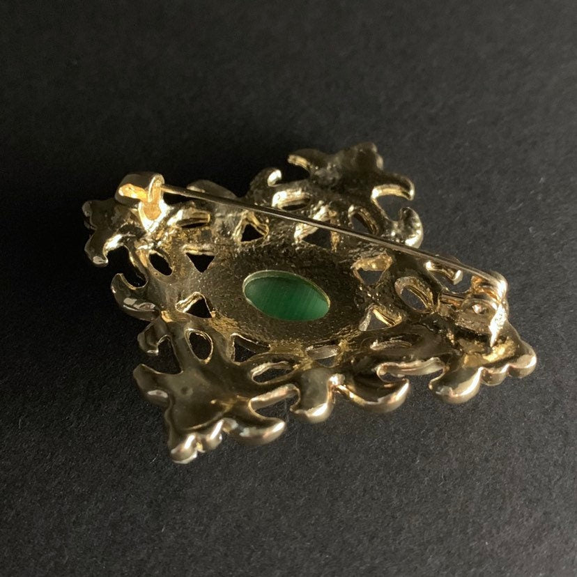 Gold & Green Rhinestone Ornate Brooch
