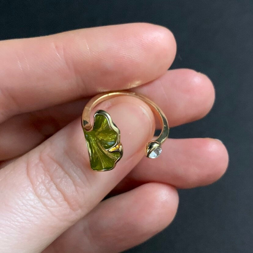 Ginkgo Leaf Enamel & Rhinestone Ring