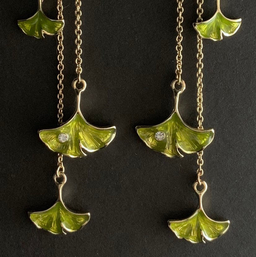 Ginkgo Leaf Enamel Stud Earrings with Ear Jacket