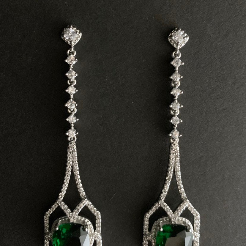 Art Deco Square Emerald Silver Drop Earrings