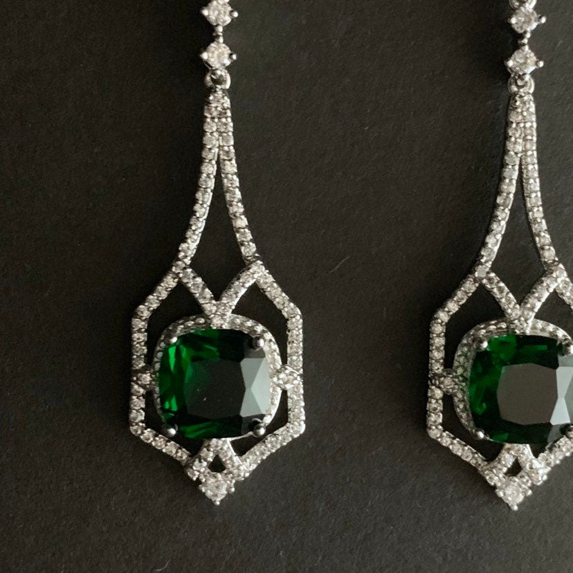 Art Deco Square Emerald Silver Drop Earrings