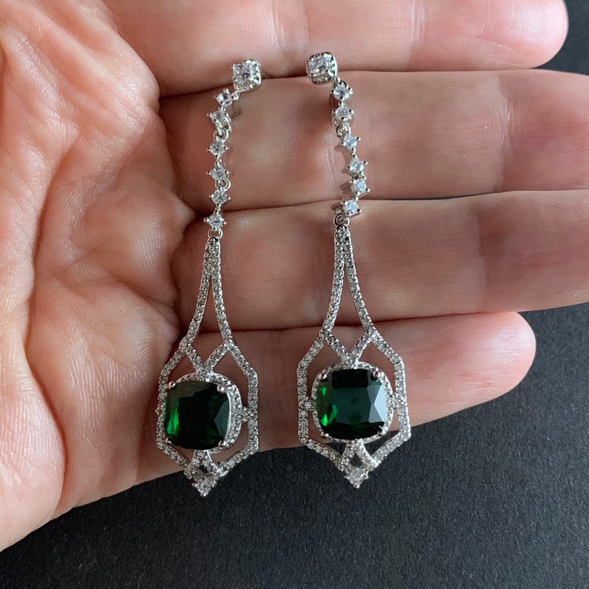 Art Deco Square Emerald Silver Drop Earrings