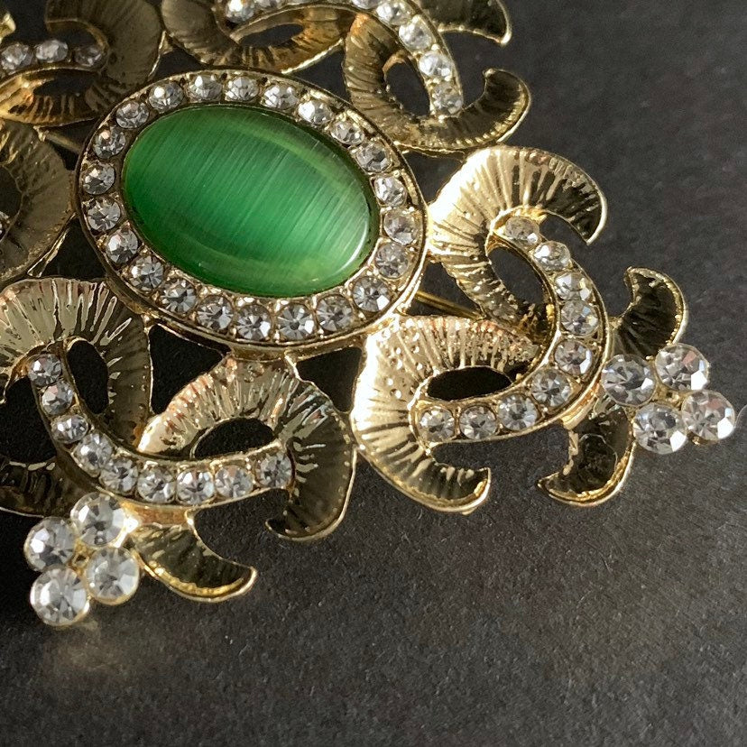 Gold & Green Rhinestone Ornate Brooch