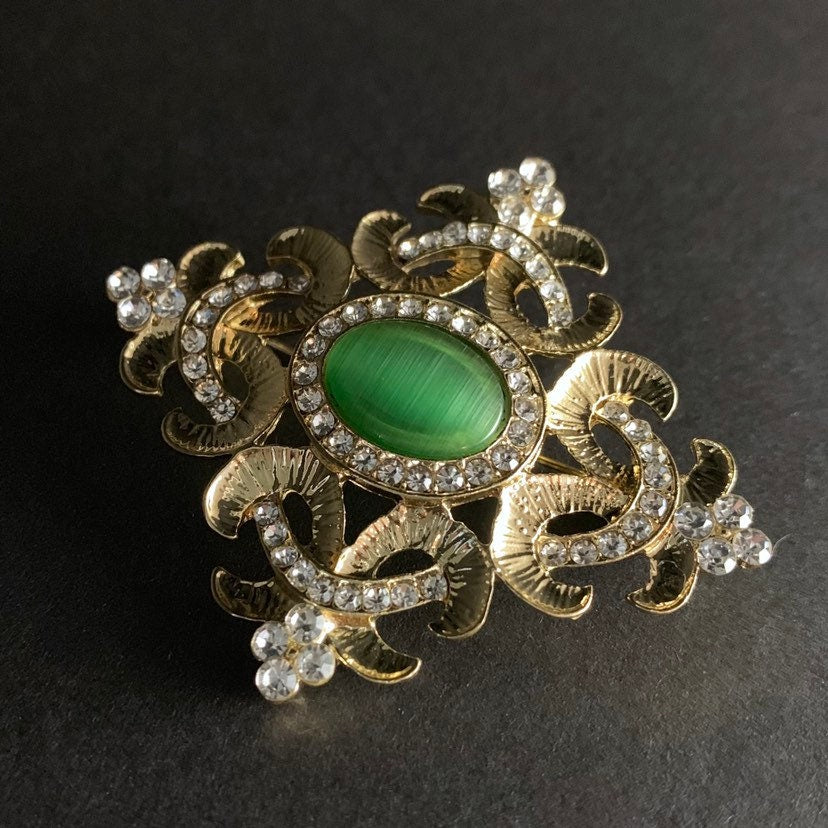 Gold & Green Rhinestone Ornate Brooch