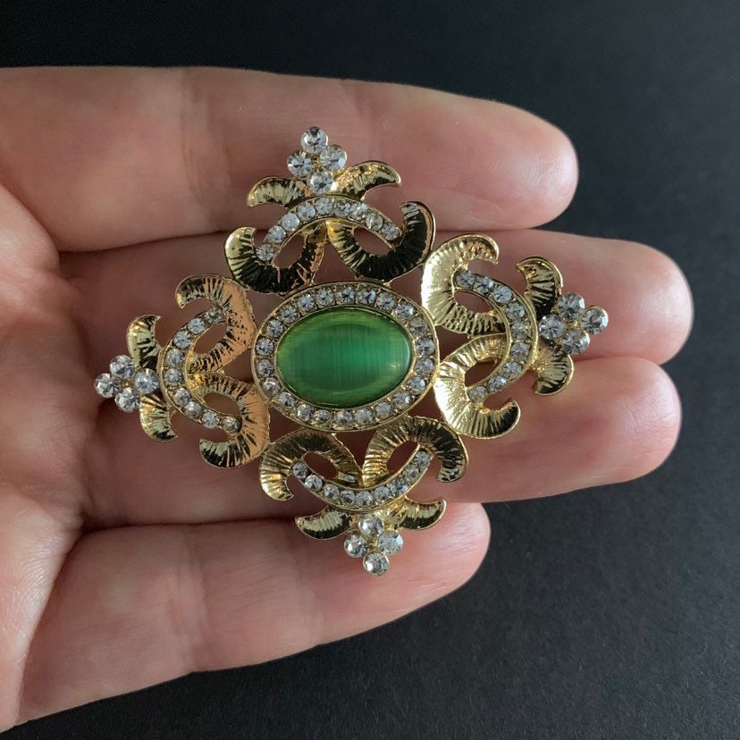 Gold & Green Rhinestone Ornate Brooch