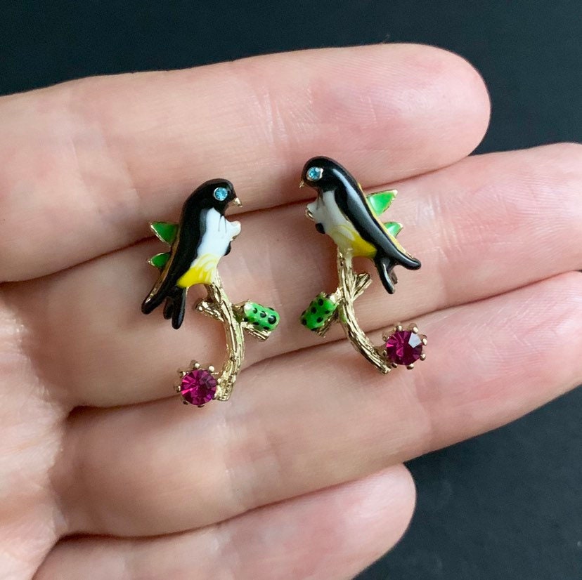 Bird on Branch Painted Enamel Gold Stud Earrings