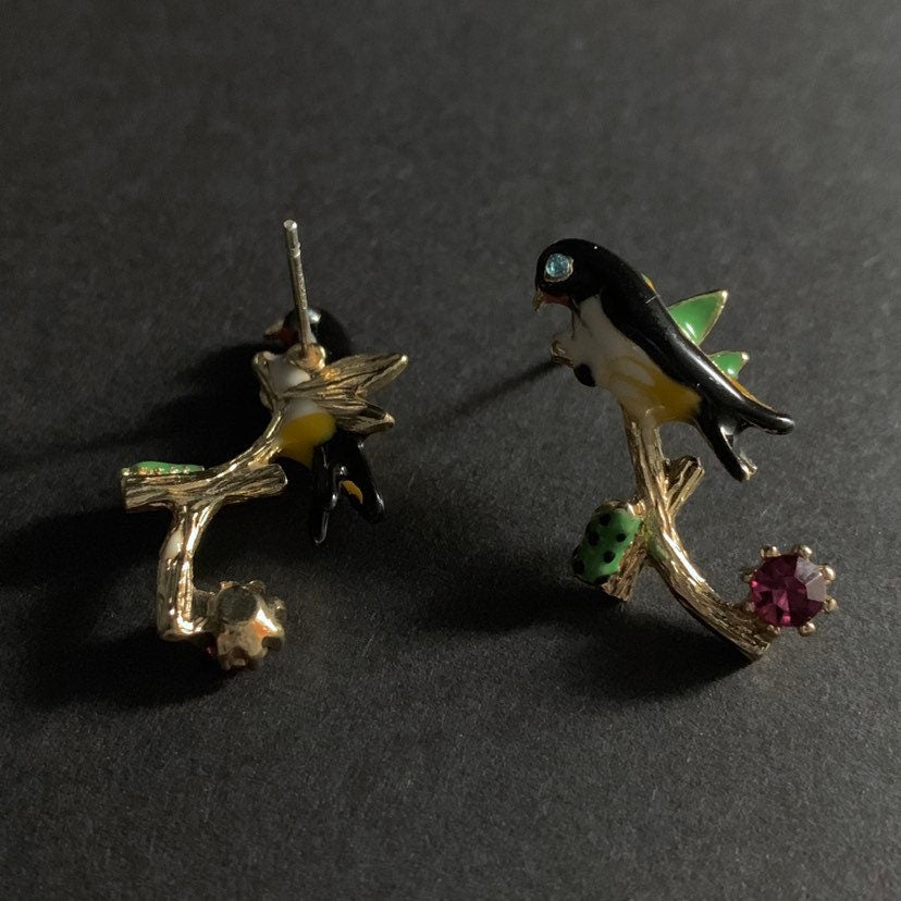 Bird on Branch Painted Enamel Gold Stud Earrings