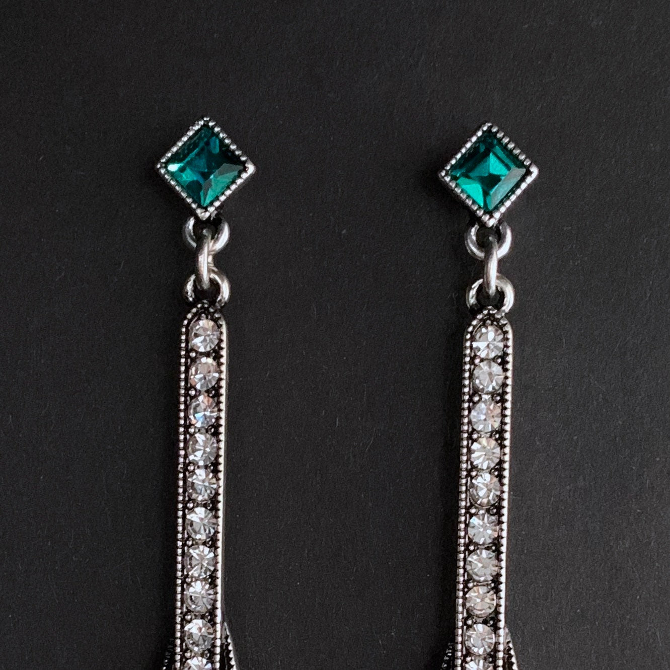 Art Deco Silver Emerald Rectangle Large Drop Earrings