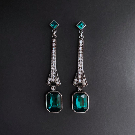 Art Deco Silver Emerald Rectangle Large Drop Earrings