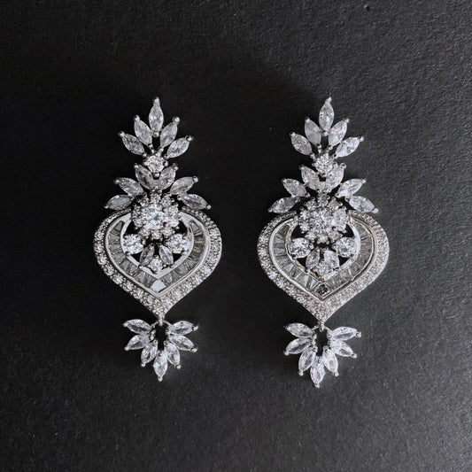 Silver Crystal Ornate Flower Earrings