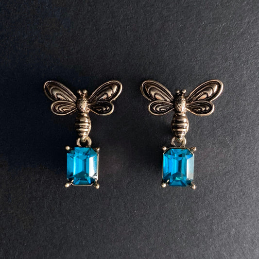 Bee Turquoise Stud Earrings in Antiqued Gold