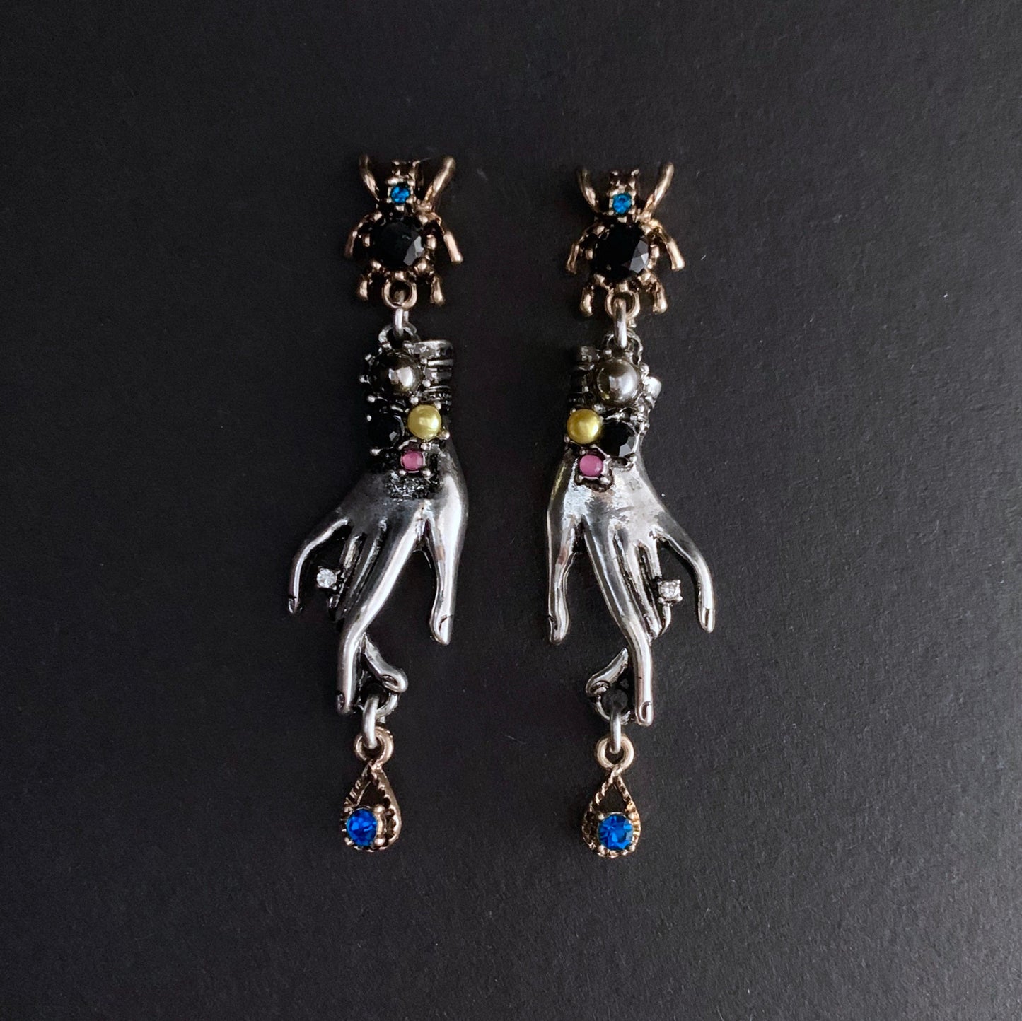 Hand & Spider Mixed Metal Earrings