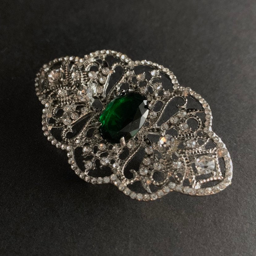 Art Nouveau Filigree Emerald & Silver Brooch