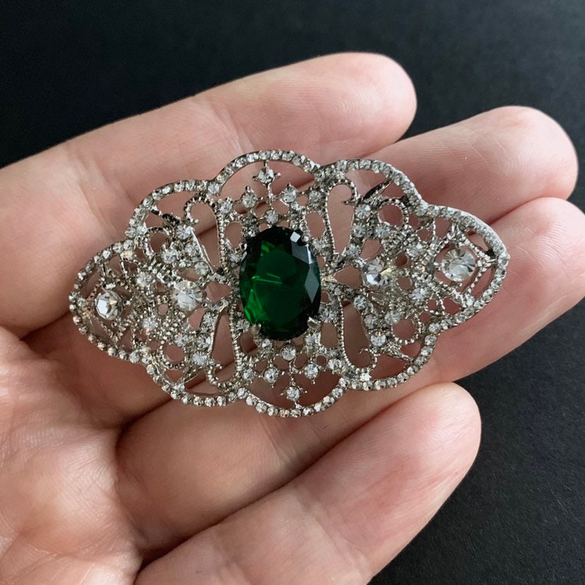 Art Nouveau Filigree Emerald & Silver Brooch