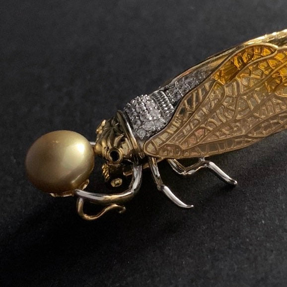 Cicada Enamel & Golden Pearl Mixed Metal Brooch