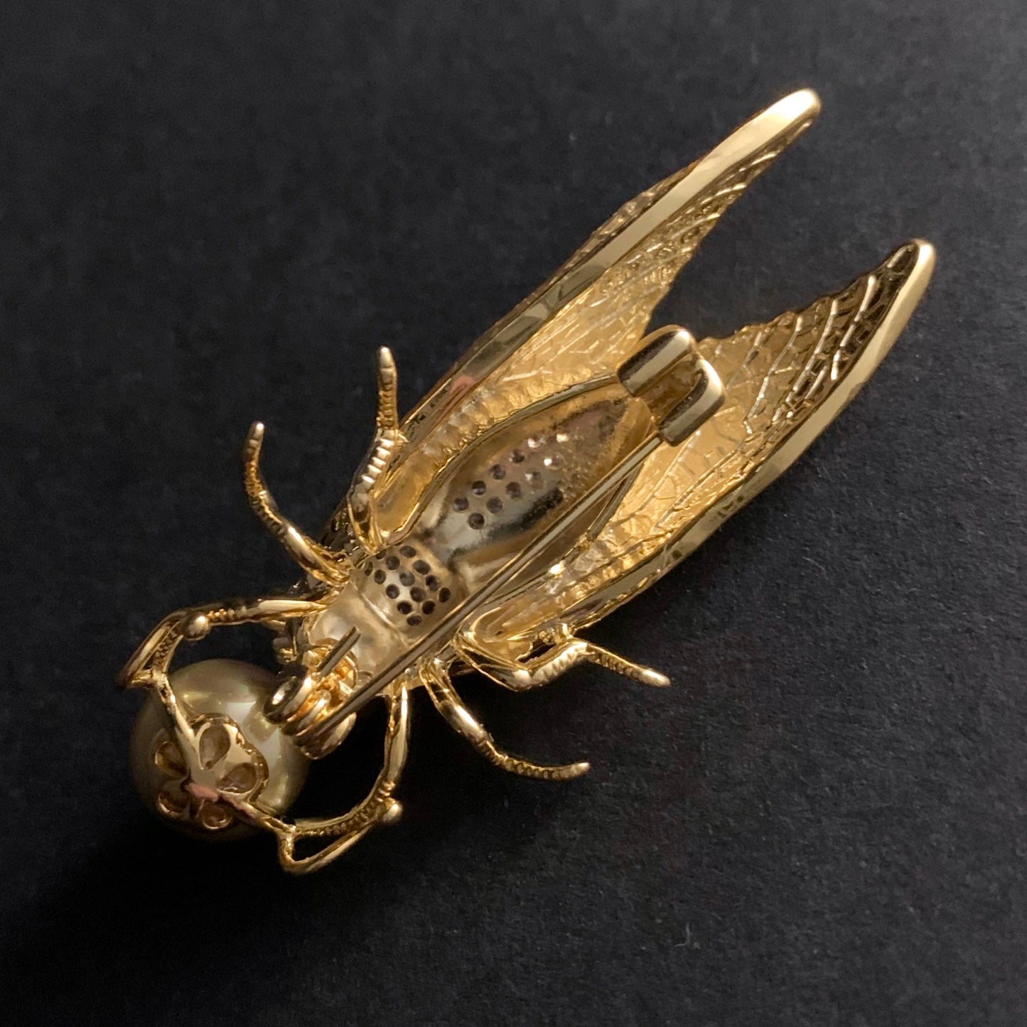 Cicada Enamel & Golden Pearl Mixed Metal Brooch