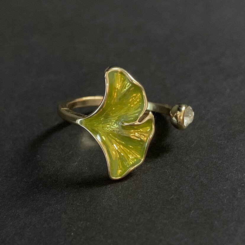 Ginkgo Leaf Enamel & Rhinestone Ring