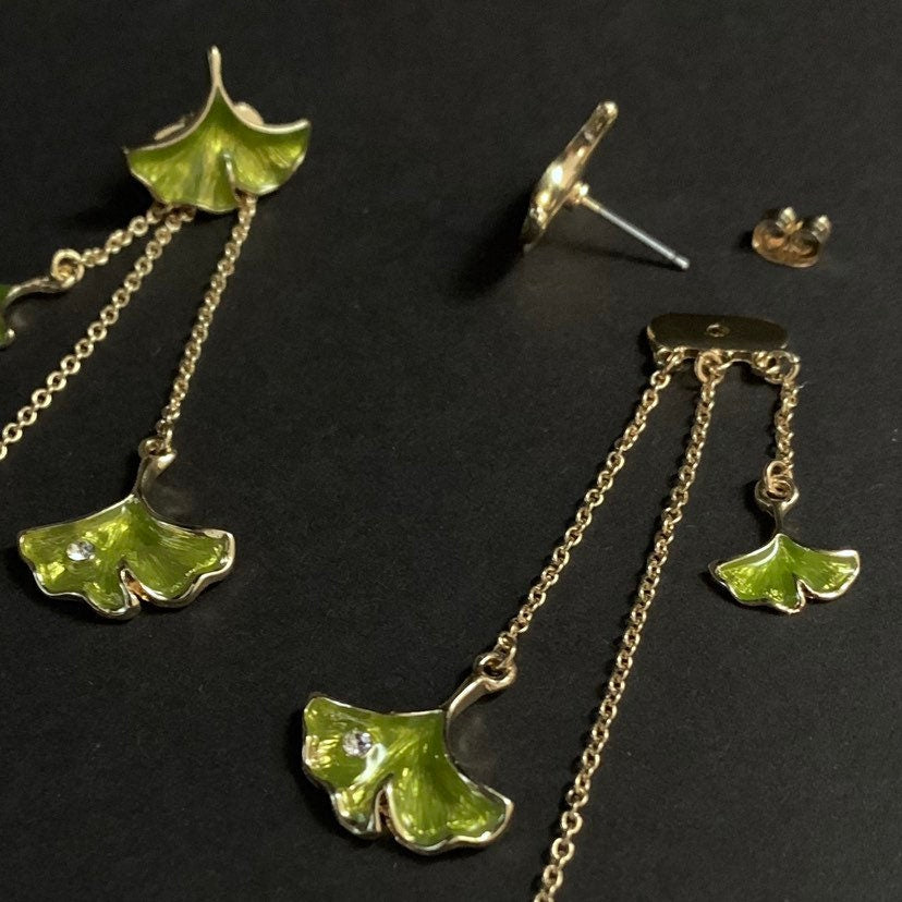 Ginkgo Leaf Enamel Stud Earrings with Ear Jacket