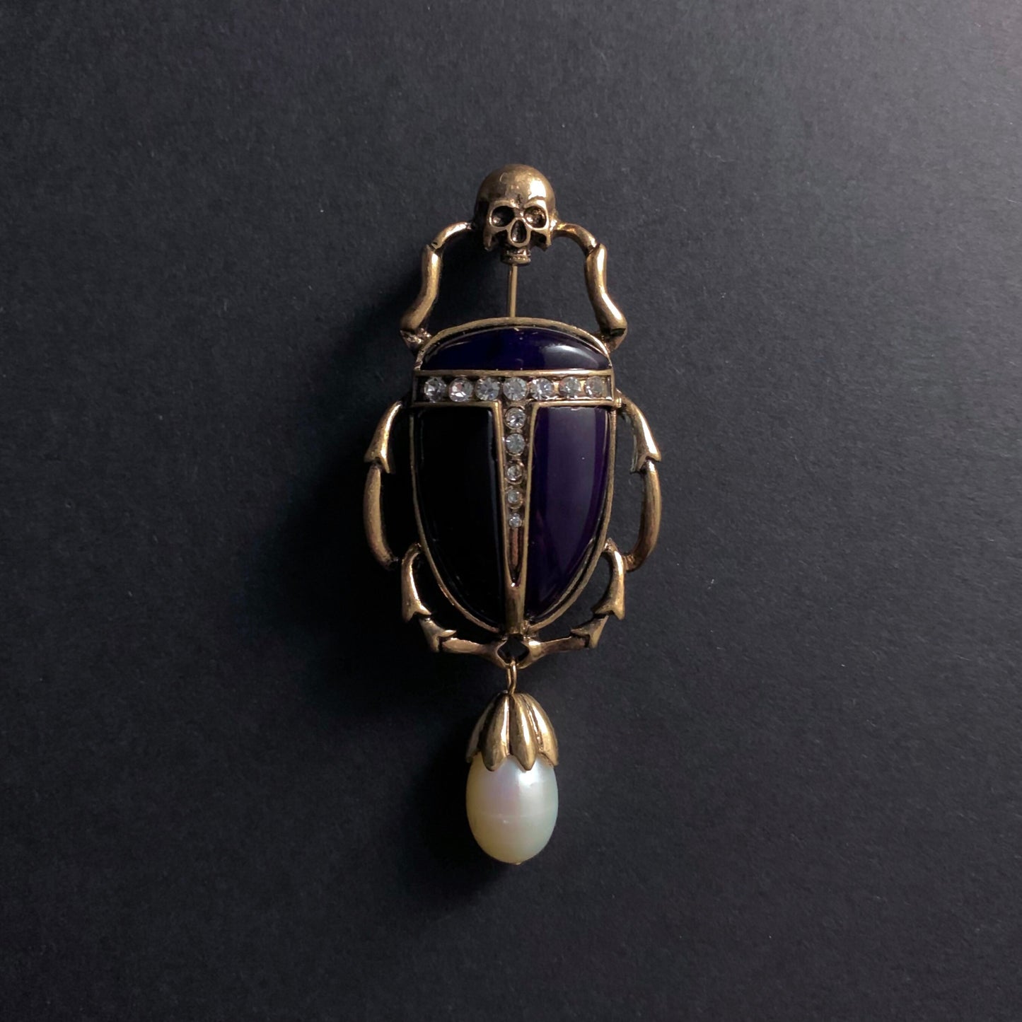 Scarab, Skull & Baroque Pearl Black Brooch Pin