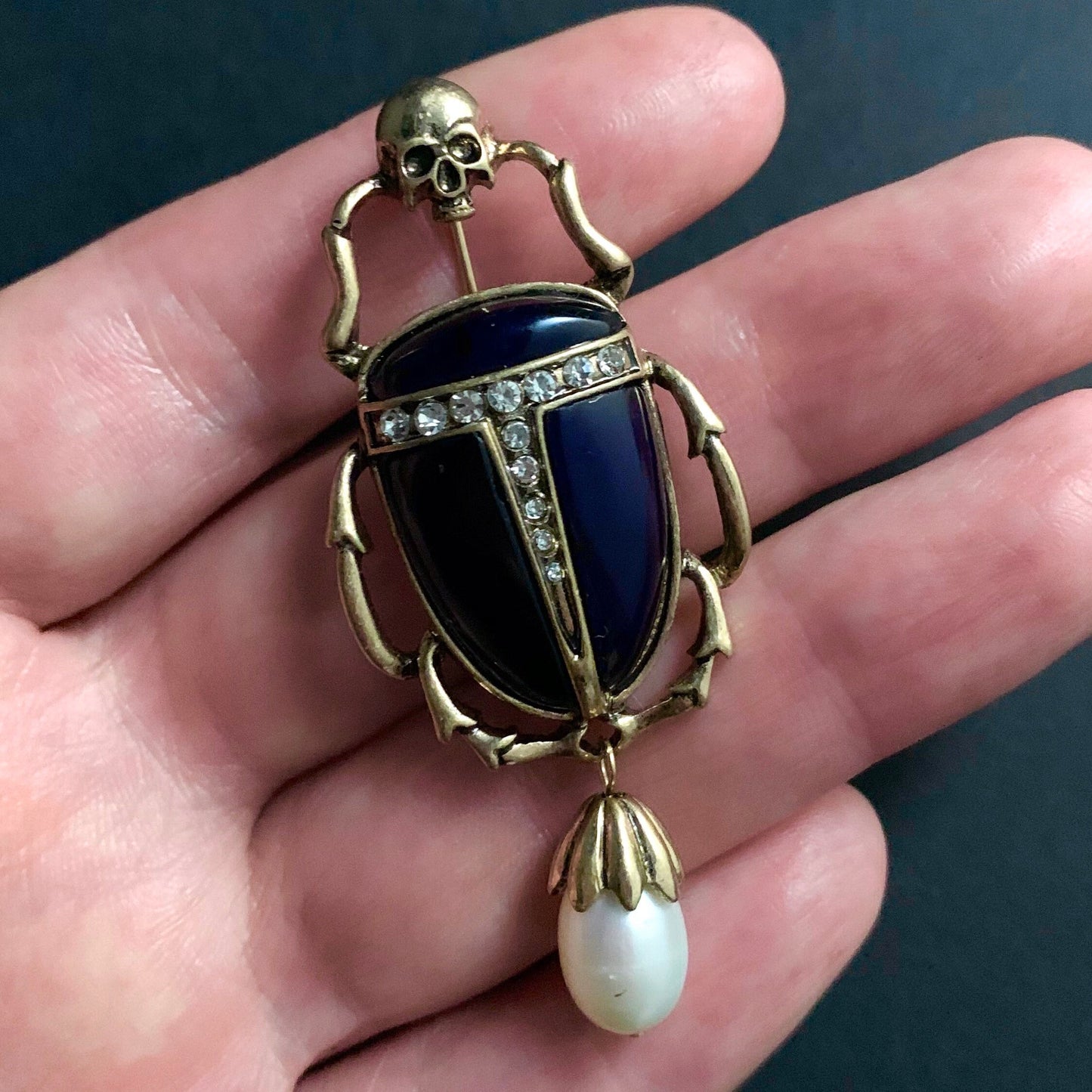 Scarab, Skull & Baroque Pearl Black Brooch Pin