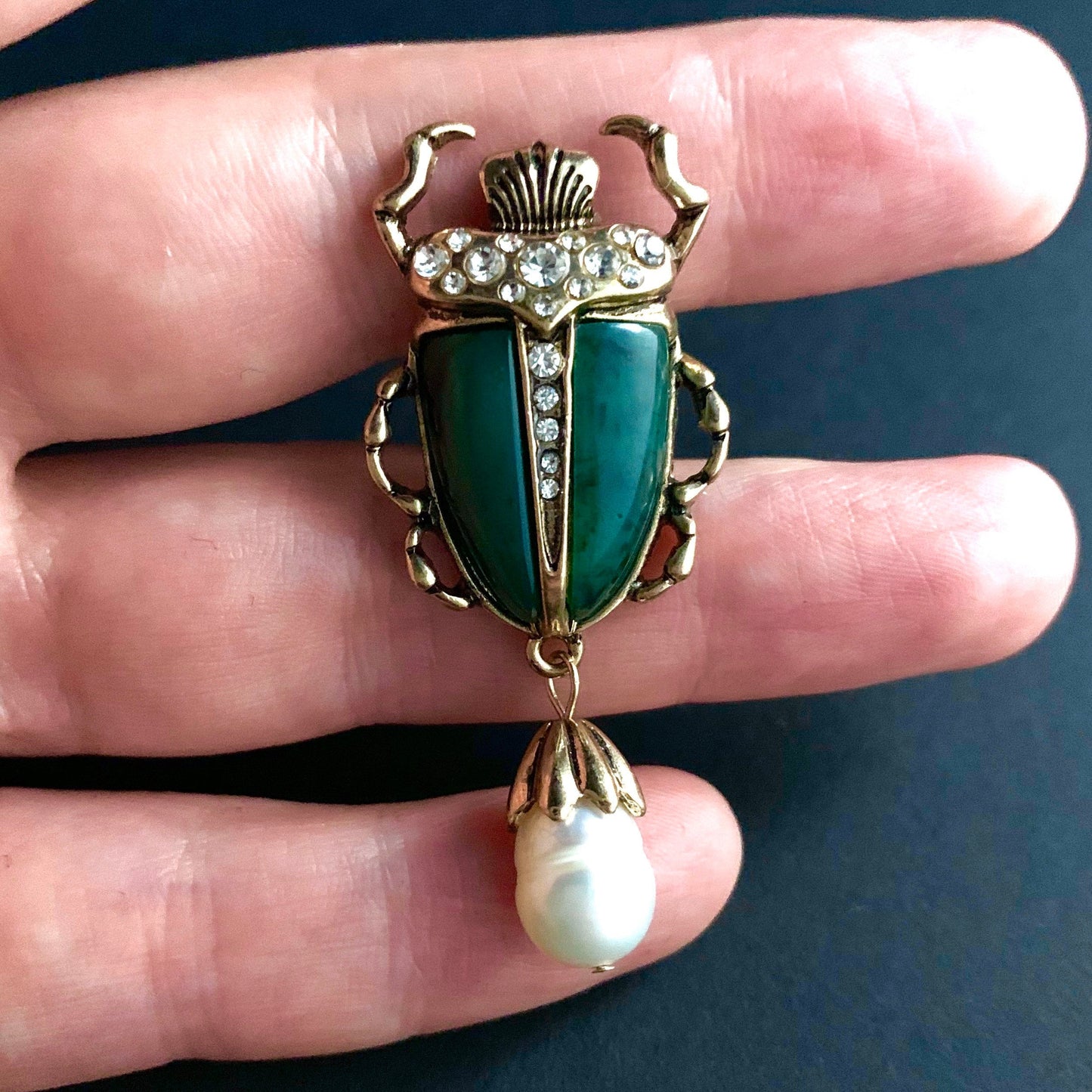 Scarab & Baroque Pearl Jade Green Brooch Pin