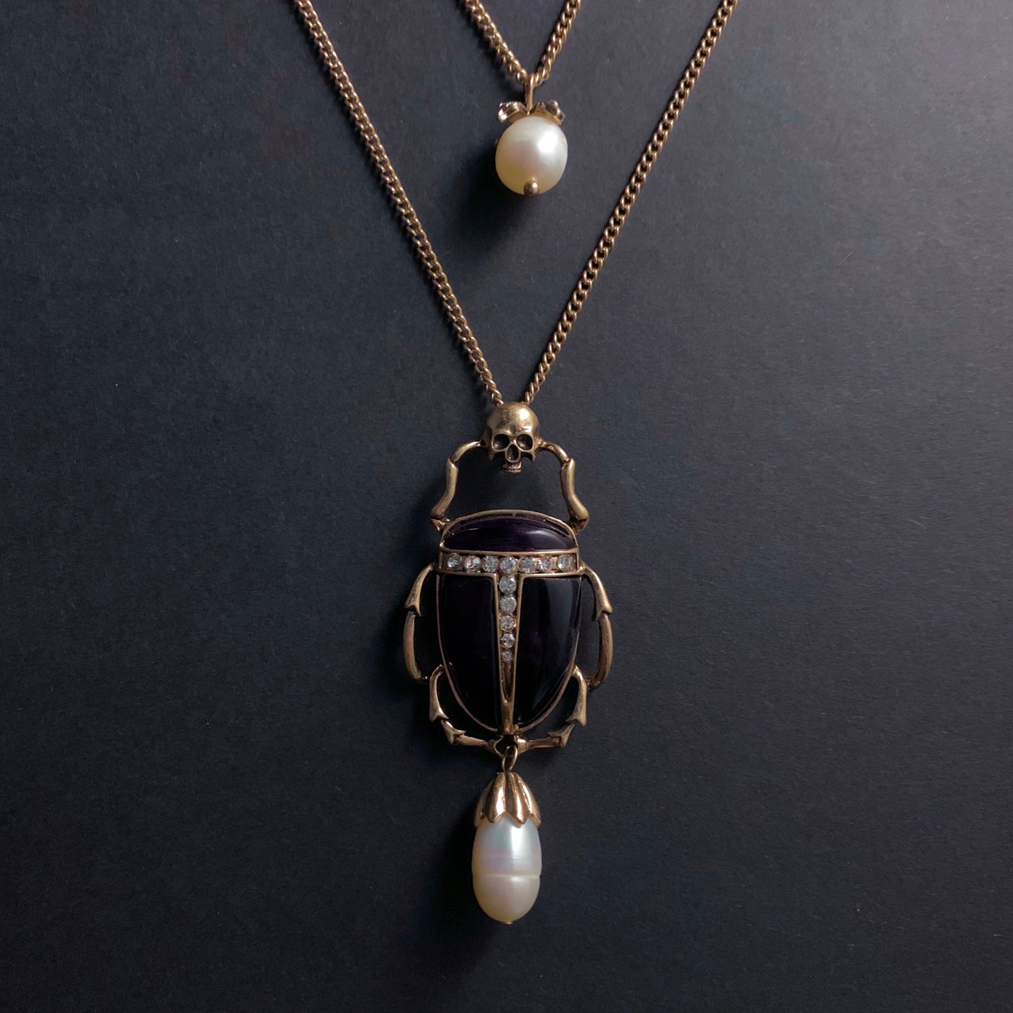 Scarab, Skull & Baroque Pearl Black Two Row Statement Necklace