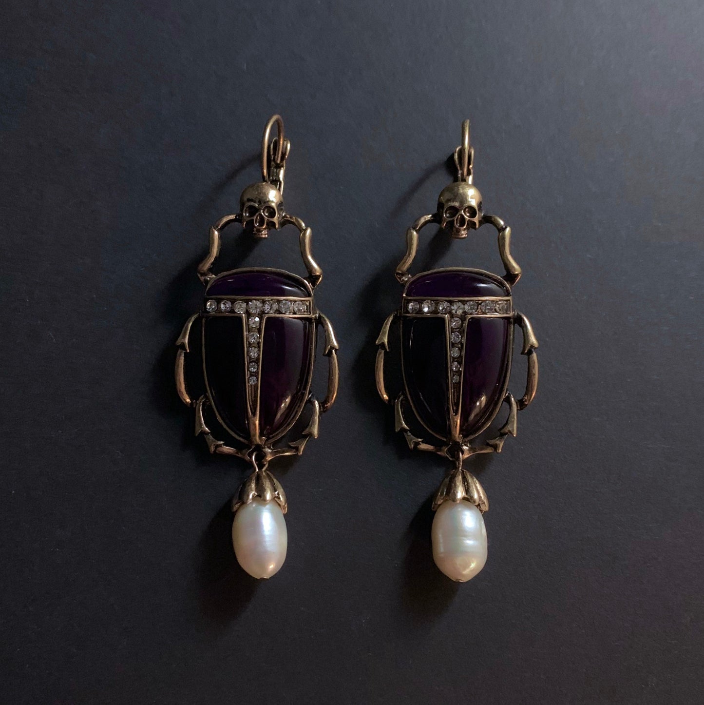 Scarab, Skull & Baroque Pearl Black Statement Earrings