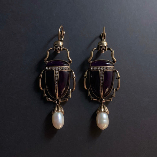 Scarab, Skull & Baroque Pearl Black Statement Earrings