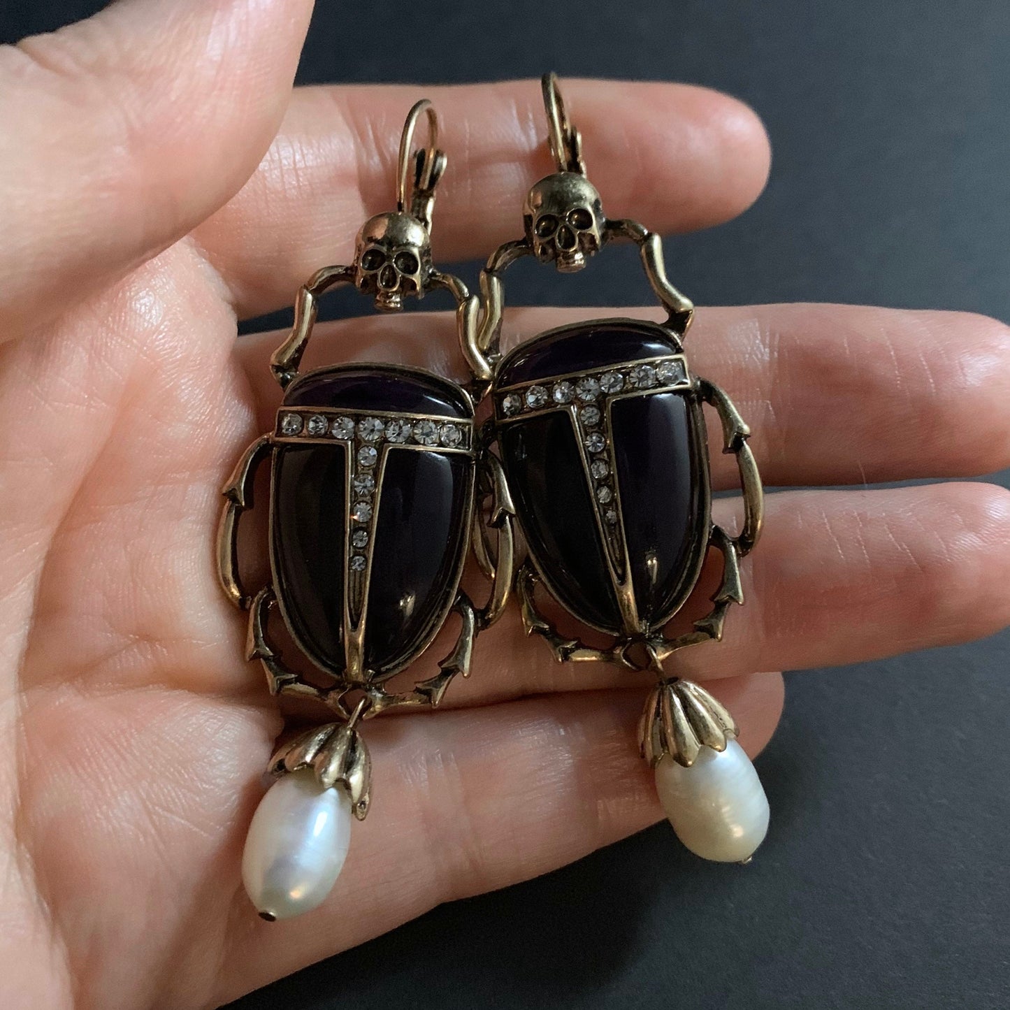 Scarab, Skull & Baroque Pearl Black Statement Earrings