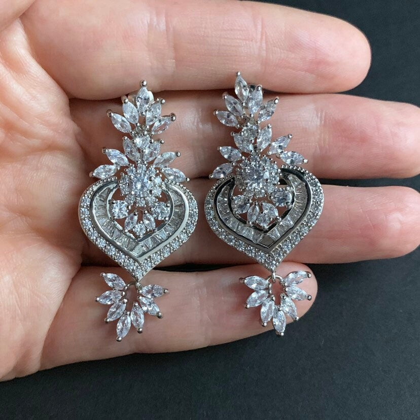 Silver Crystal Ornate Flower Earrings