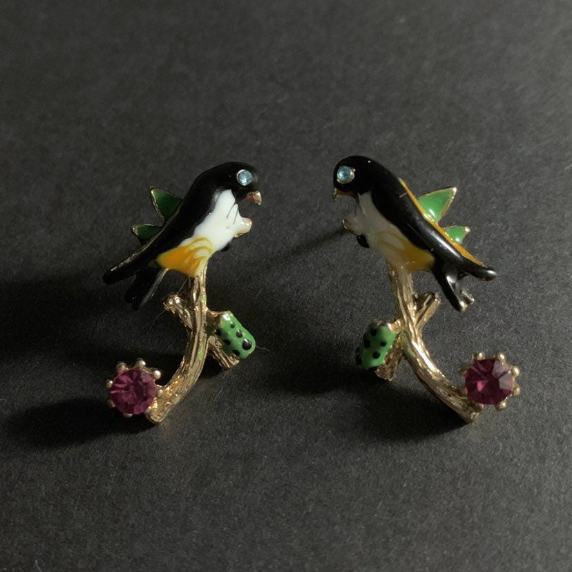 Bird on Branch Painted Enamel Gold Stud Earrings