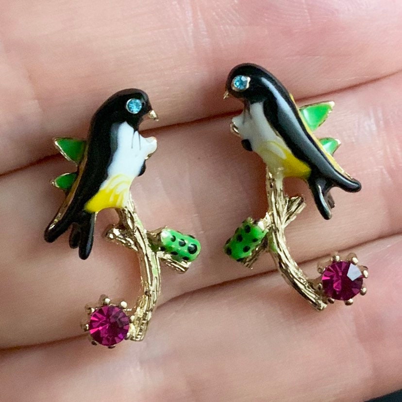 Bird on Branch Painted Enamel Gold Stud Earrings