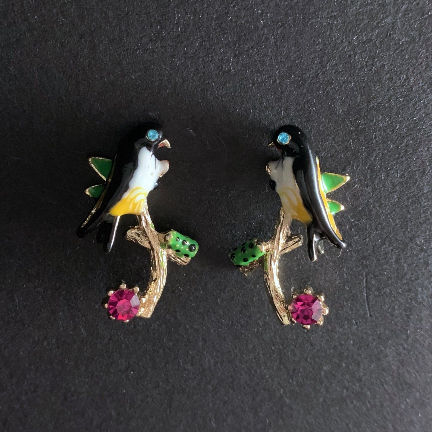 Bird on Branch Painted Enamel Gold Stud Earrings