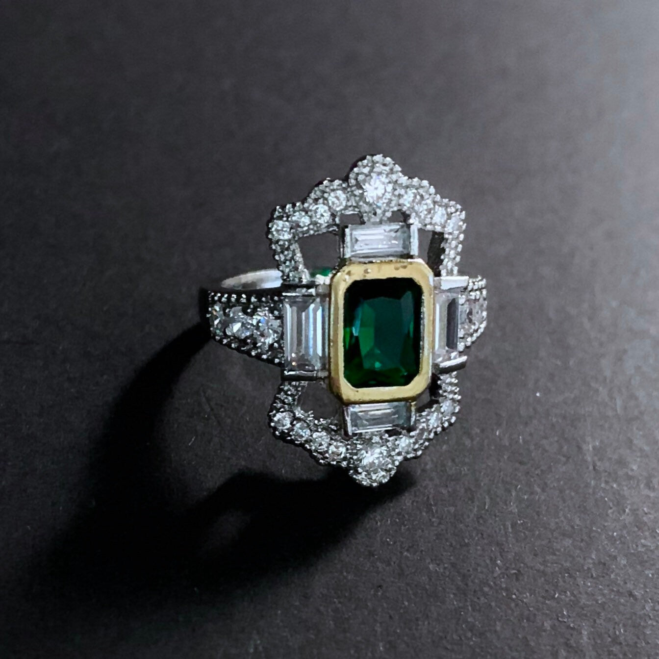 Art Nouveau Emerald Green & Silver Statement Ring