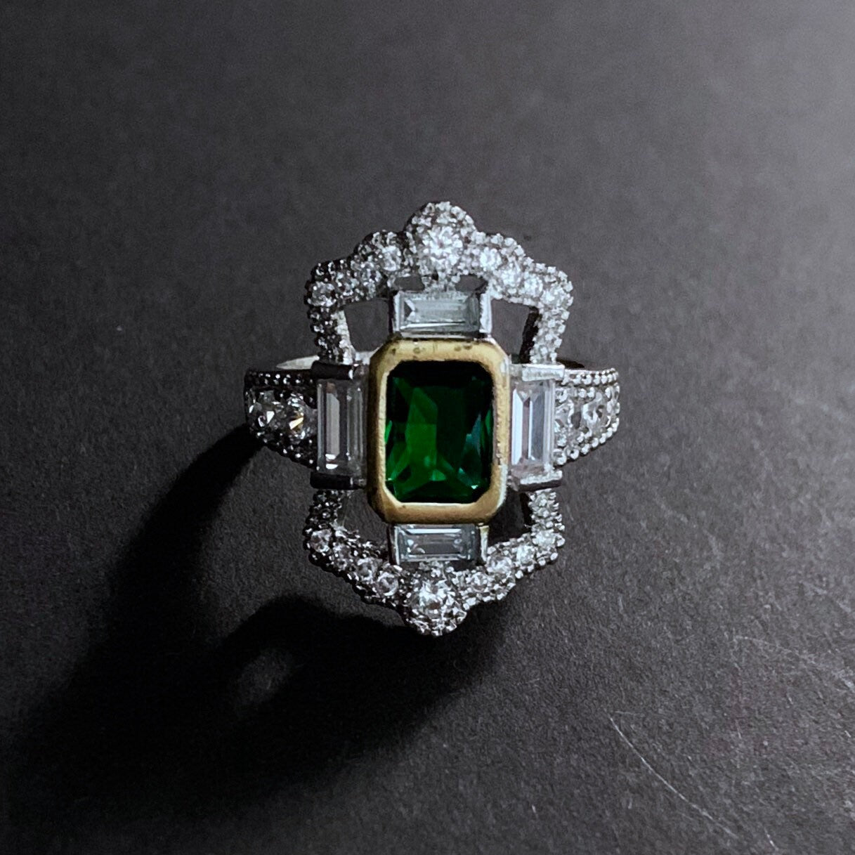 Art Nouveau Emerald Green & Silver Statement Ring