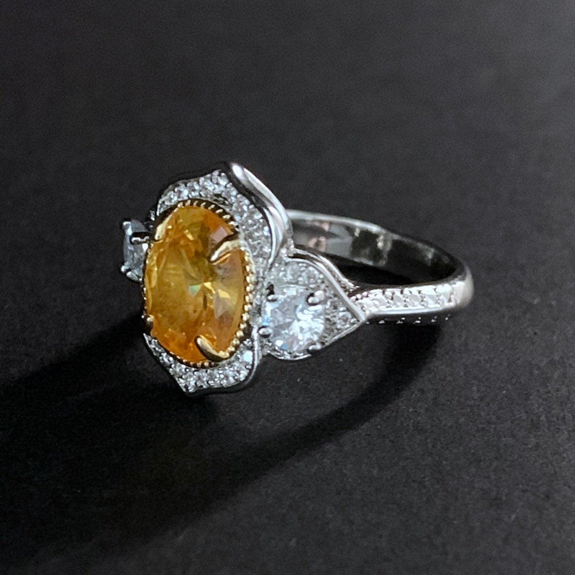 Art Nouveau Citrine Yellow & Silver Cocktail Ring