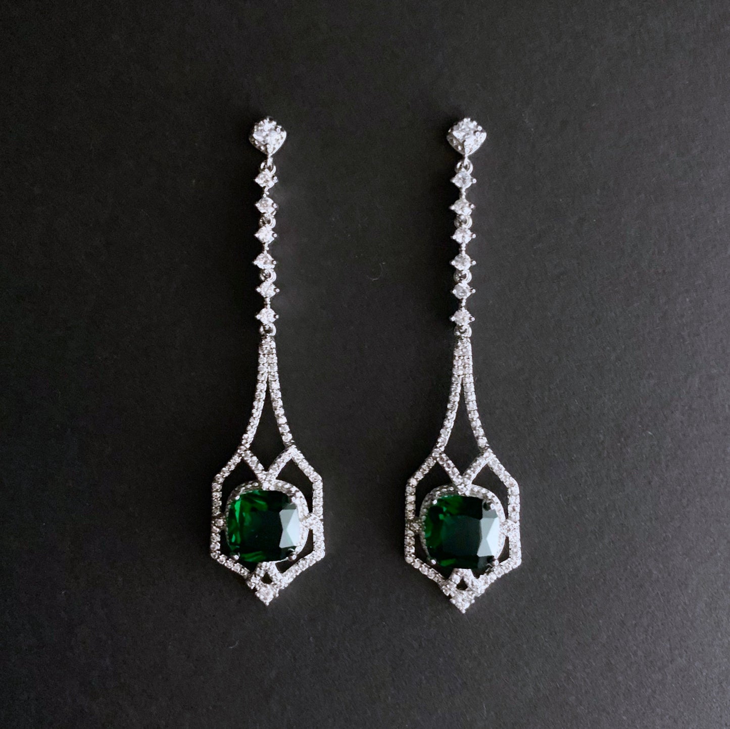 Art Deco Square Emerald Silver Drop Earrings