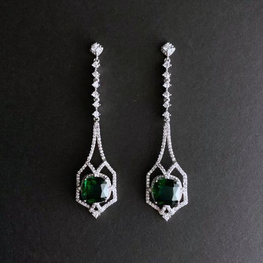 Art Deco Square Emerald Silver Drop Earrings