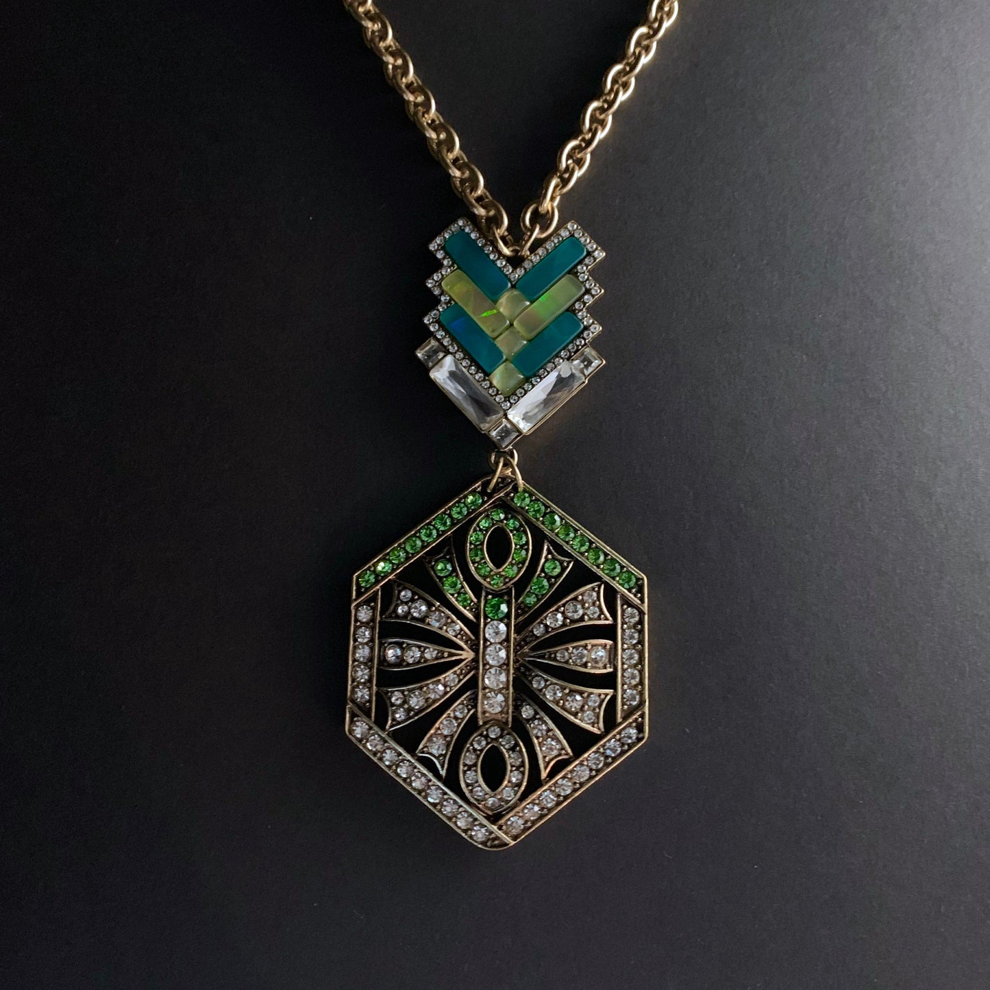 Long Geometric Statement Necklace with Rhinestones and Green Mother of Pearl