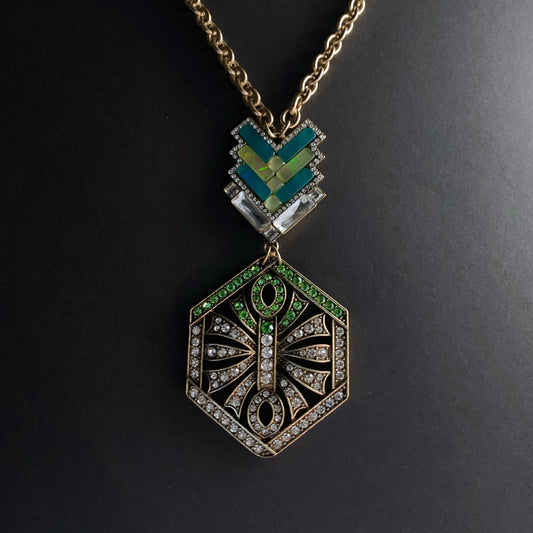 Long Geometric Statement Necklace with Rhinestones and Green Mother of Pearl