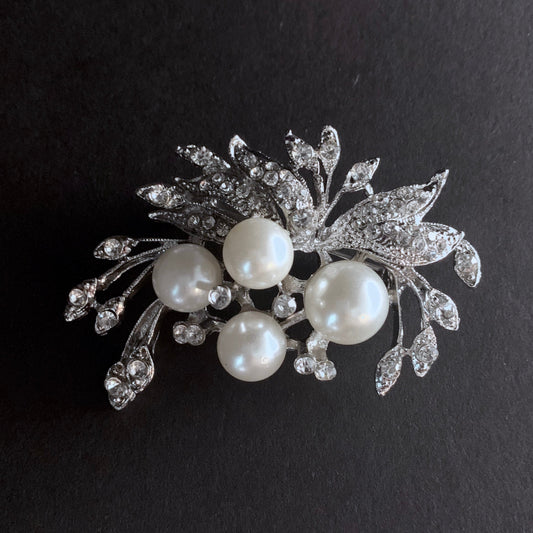 Pearl Rhinestone Silver Branch Brooch