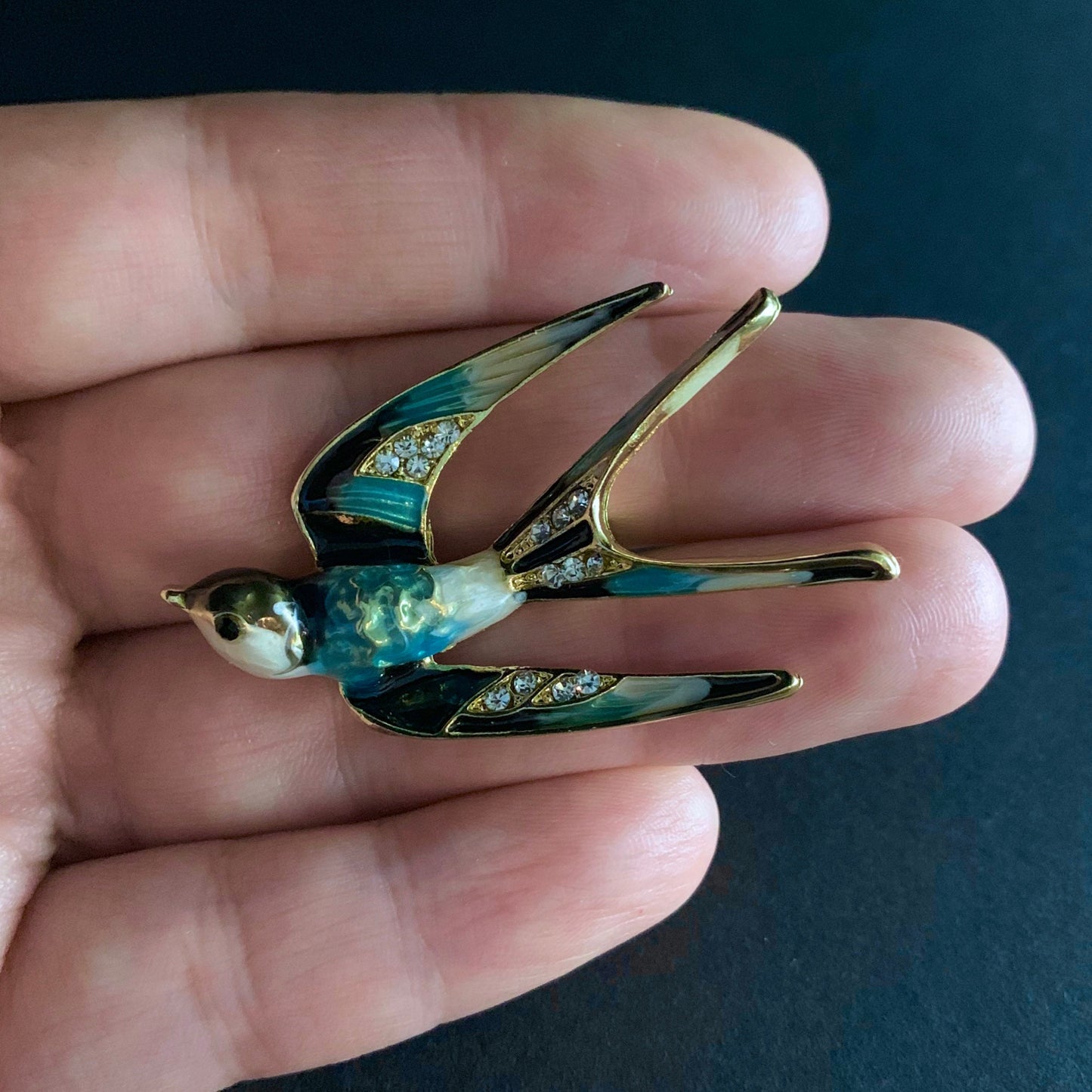 Enameled Swallow Rhinestone Brooch