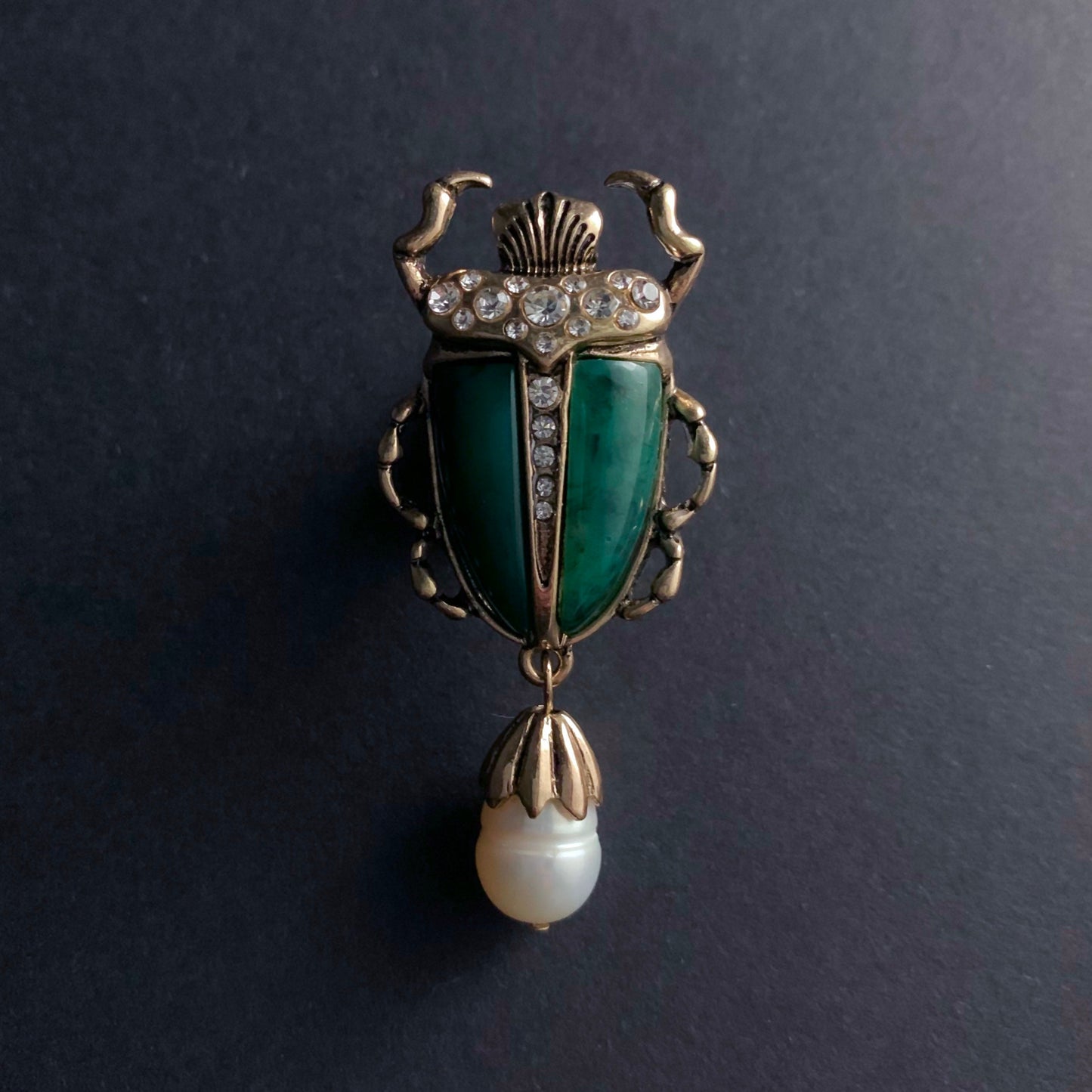 Scarab & Baroque Pearl Jade Green Brooch Pin