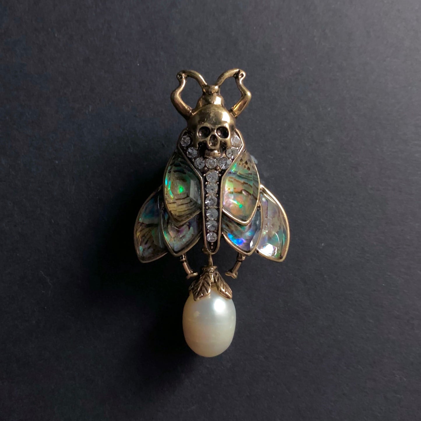 Moth, Skull & Baroque Pearl Abalone Brooch Pin