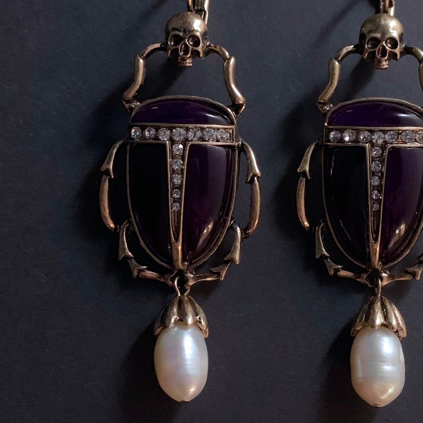 Scarab, Skull & Baroque Pearl Black Statement Earrings