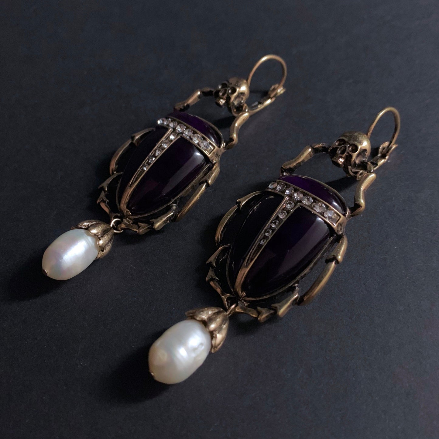 Scarab, Skull & Baroque Pearl Black Statement Earrings